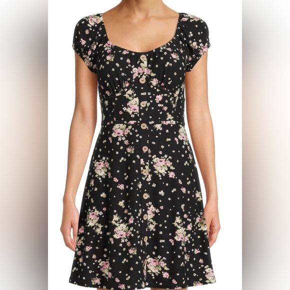 NEW Juniors' Corset Peasant Dress Black Floral Size XL - Picture 1 of 4